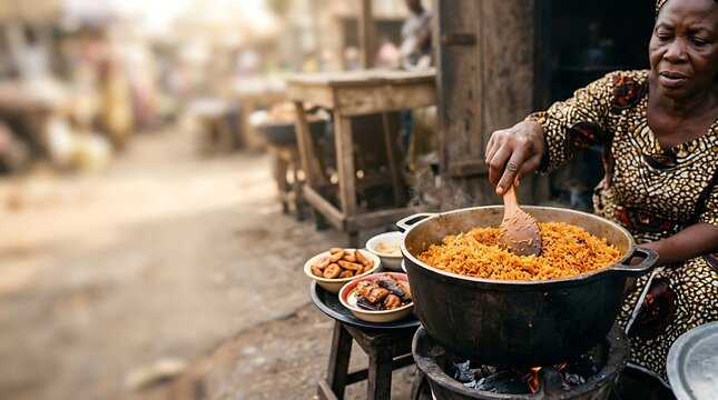 African woman cooking traditional rice at a busy outdoor market