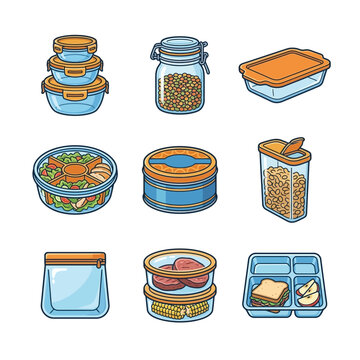 Set of Various Food Storage Containers for Kitchen Organization and Meal Preparation Illustrations