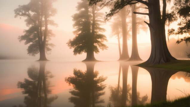 Tall cypress trees standing in misty calm lake with sharp reflections