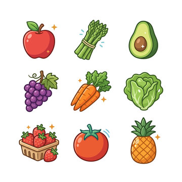 Hand-Drawn Style Illustrative Icons Set Featuring Fresh Fruits and Vegetables for Healthy Diet Design