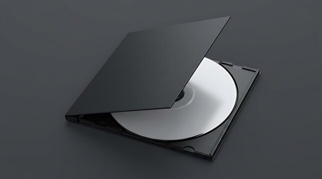 A shiny silver compact disc inside a black plastic storage jewel case sitting on a dark smooth surface for media storage