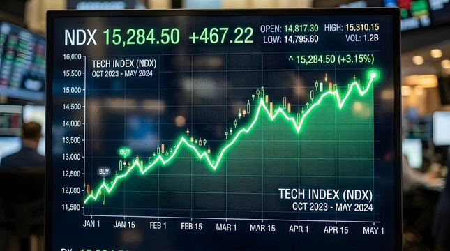 Digital display showing rising tech index stock market chart in financial trading office.