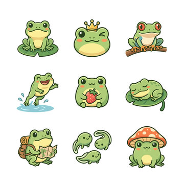 Cute Cartoon Frog Character Set Showing Various Daily Activities and Expressions in Flat Vector Art