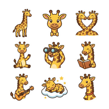 Set of Cute Cartoon Giraffe Vector Stickers in Various Playful Actions and Poses for PET1 Collection