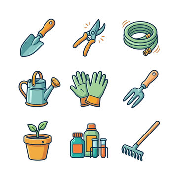 Hand-Drawn Icons Collection of Gardening Tools and Equipment for Outdoor Horticulture Tasks