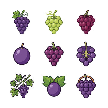 A collection of stylized cartoon grape illustrations showcasing various clusters and single berries