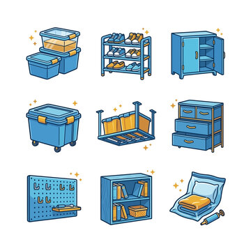 Set of Nine Hand-Drawn Storage Organizers and Household Decluttering Icons for Home Organization