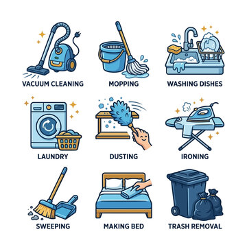 Set of Housework Activities and Domestic Chores Icons Showing Daily Household Cleaning Routines