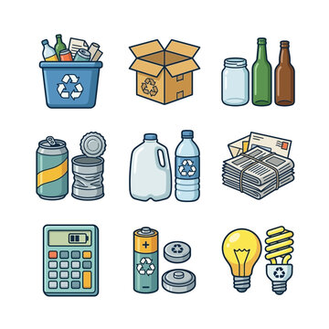 Collection of Recyclable Materials and Household Waste Items Icon Set for Sustainable Living