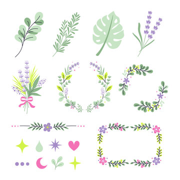 Flat vector illustration set of botanical leaves, lavender florals, decorative wreaths, and mini accent icons in a soft purple, pink, and green color palette.