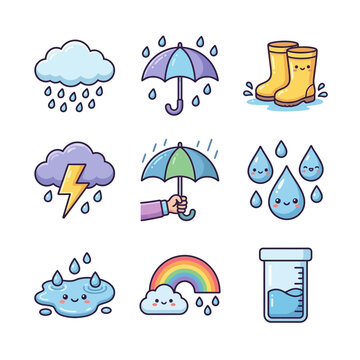 Collection of Cute Weather Icons Featuring Rain Clouds Umbrellas and Rainbows PET1 90 Illustration