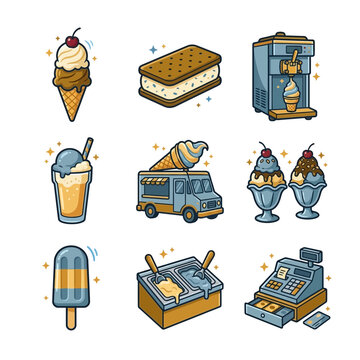 Set of Decorative Hand Drawn Illustrations Featuring Assorted Frozen Desserts and Sweet Treats