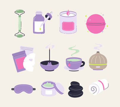 Flat vector illustration set of self-care and wellness icons such as a jade roller, essential oil diffuser, sleep mask, and massage stones on a pastel background.