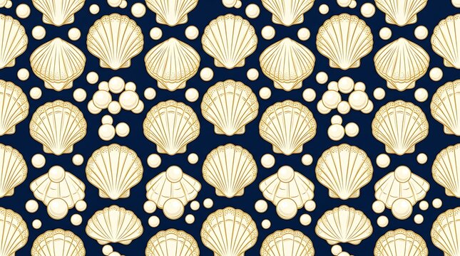 Elegant scallop shells and pearls seamless background pattern