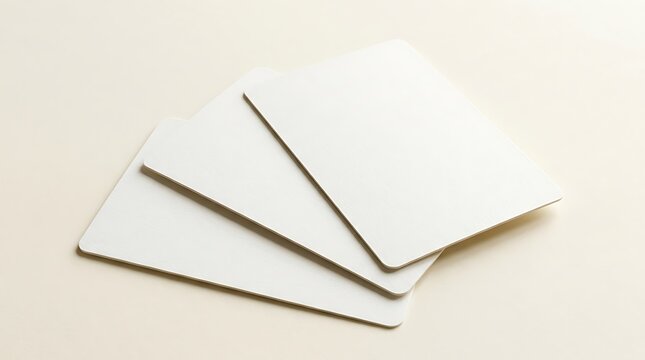Three blank white rectangular cards stacked on a light beige surface for creative design mockups and display branding