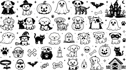 Cute Halloween dogs collection featuring puppies in spooky costumes like ghosts, vampires, and witches alongside pumpkins, cats, bats, and haunted houses
