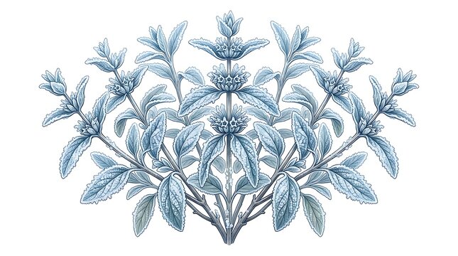 Vintage blue botanical illustration of a fresh mint herb plant