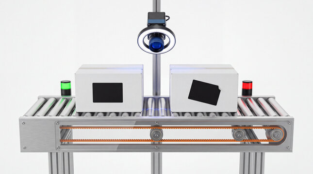 Industrial Machine Vision Inspection System on Conveyor for Factory Automation Isolated on White Background
