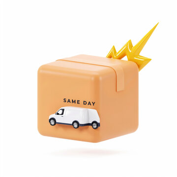 Same day delivery concept with cardboard box and lightning bolt icon
