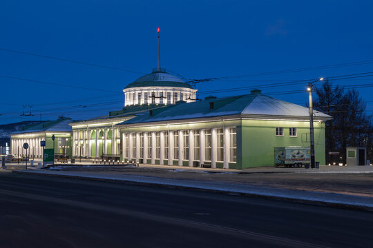 View of the railway station building early on a March morning. Murmansk