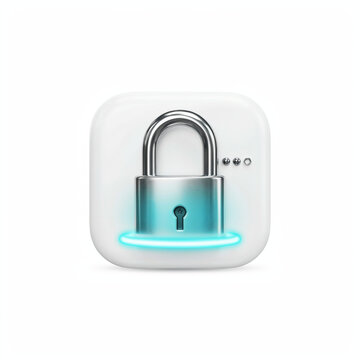 Digital security padlock icon with glowing cyan lock and keyhole on white background