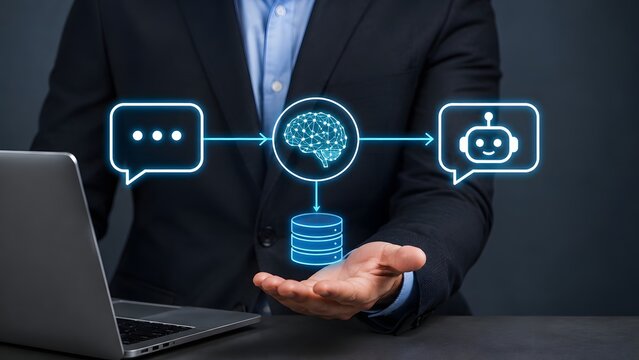 Artificial intelligence concept with a businessman and digital brain interface