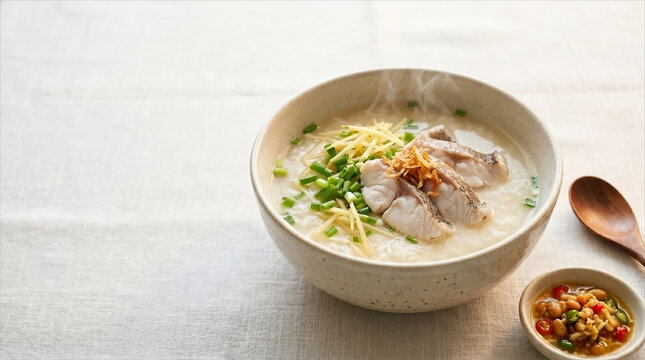 Fish congee with ginger julienne and spicy dipping sauce