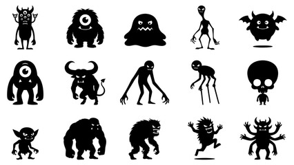 Obraz premium Set of black silhouettes of various cartoon monsters and scary creatures for halloween design and creative projects
