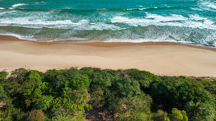 Aerial view of beach waves, sandy shore, and coastal greenery, perfect for summer travel themes, tropical tourism, and nature escape. © Mod Stock