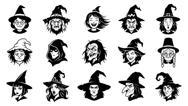 Collection of various witch character head icons featuring different facial expressions and styles for halloween design projects
