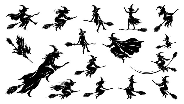 Collection of black silhouettes of witches flying on broomsticks isolated on a white background for halloween design
