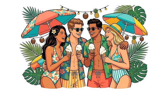 Happy group of friends eating ice cream at a summer beach party