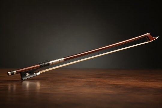 Violin bow lying on a polished wooden surface