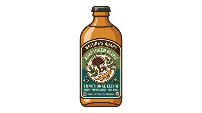 Retro Style Adaptogen Functional Elixir Beverage Bottle Illustration