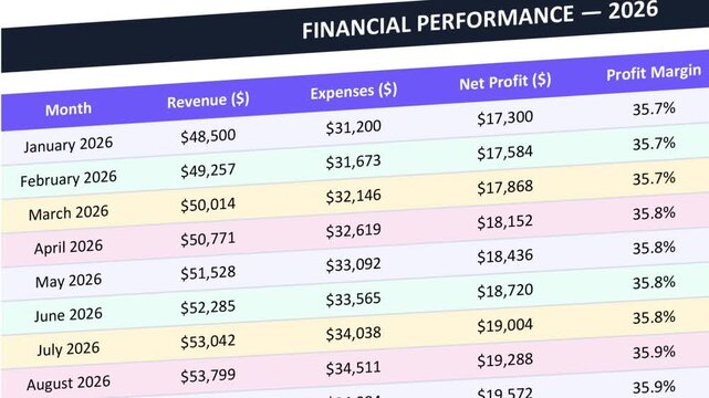 Financial performance 2026 table scrolling animation showing monthly revenue report