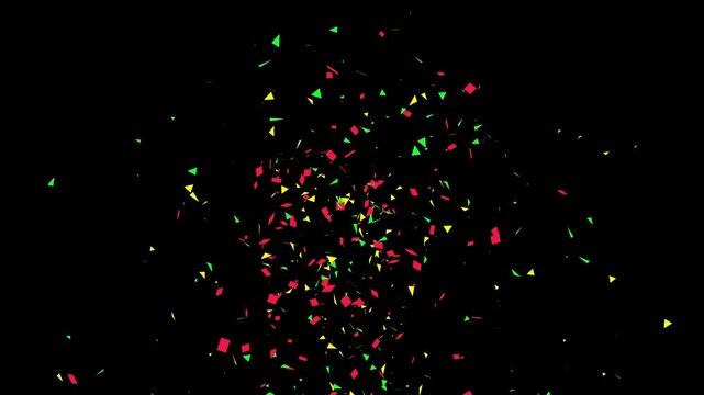 Red yellow green confetti burst animation isolated on black background