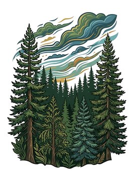 Lush pine forest landscape with dramatic clouds and tall trees