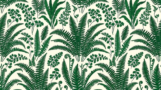Seamless botanical pattern with green fern fronds on cream background