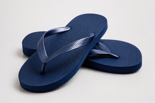 Navy blue flip-flops resting on a light grey surface