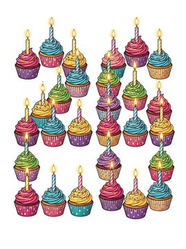 Colorful cupcakes with lit candles forming the number twenty eight