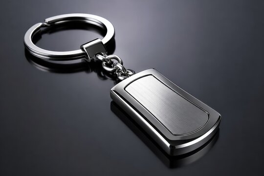 Metallic keychain with blank tag on dark reflective surface