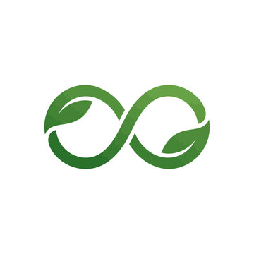 Green infinity loop symbol with leaf elements, representing sustainability and circular economy, isolated on white background.