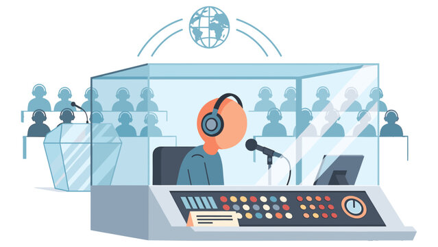 Interpreter Working in Soundproof Booth for International Conference