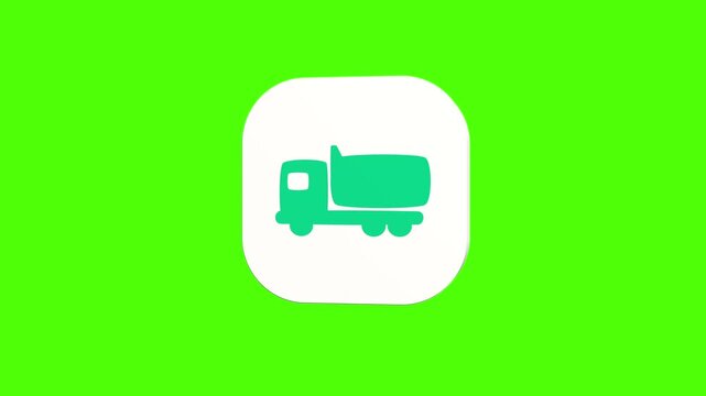 3D animated construction heavy tipper dump truck icon on a white rounded card with a green screen background. Smooth loop motion, perfect for mobile app UI, building site, mining transport, and video 