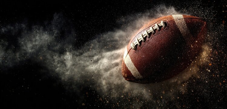 An American football propels forward through a cloud of particles against a black background