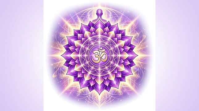 Glowing purple mandala with om symbol and meditating figure