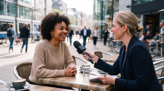 Female Journalist Holding Microphone Interviewing Young Woman at Outdoor Cafe Table