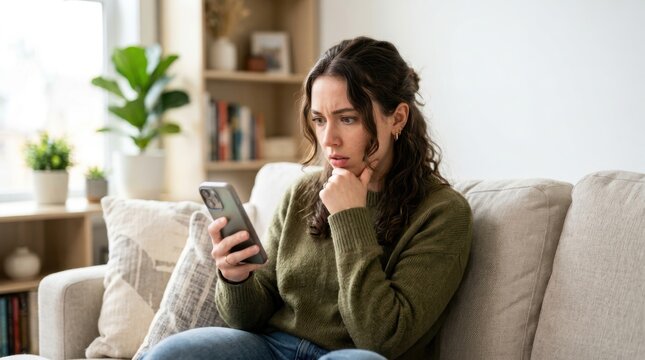 Serious young woman sitting on a comfortable sofa and looking at her smartphone in the living room
