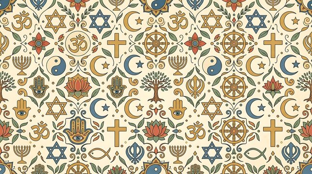 Seamless pattern of various world religious and spiritual symbols
