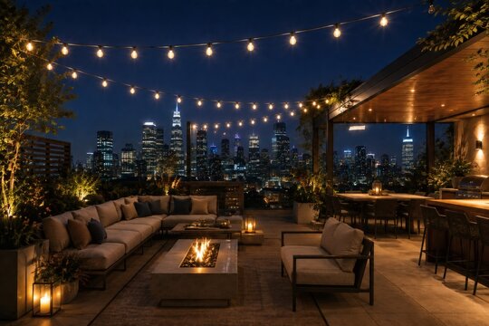 Elegant Rooftop Lounge with String Lights and City Skyline View at Night